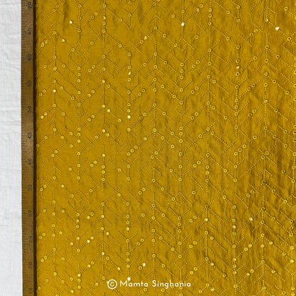 Haldi Yellow Mirror Work Embroidered Raw Silk Fabric