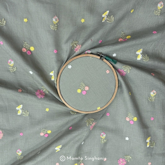 Green Floral Embroidered Linen Fabric