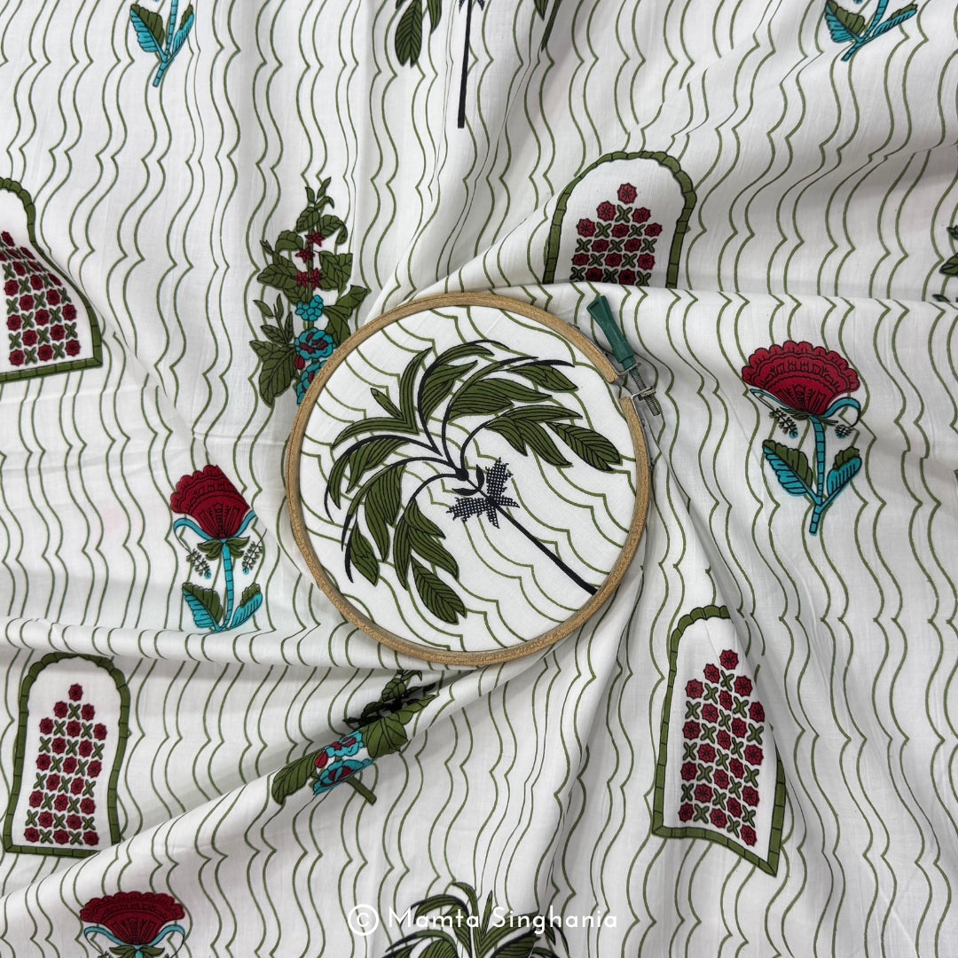 White Floral Printed Cotton Fabric