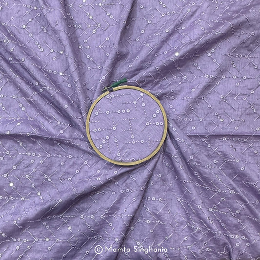 Lavender Mirror Work Embroidered Raw Silk Fabric