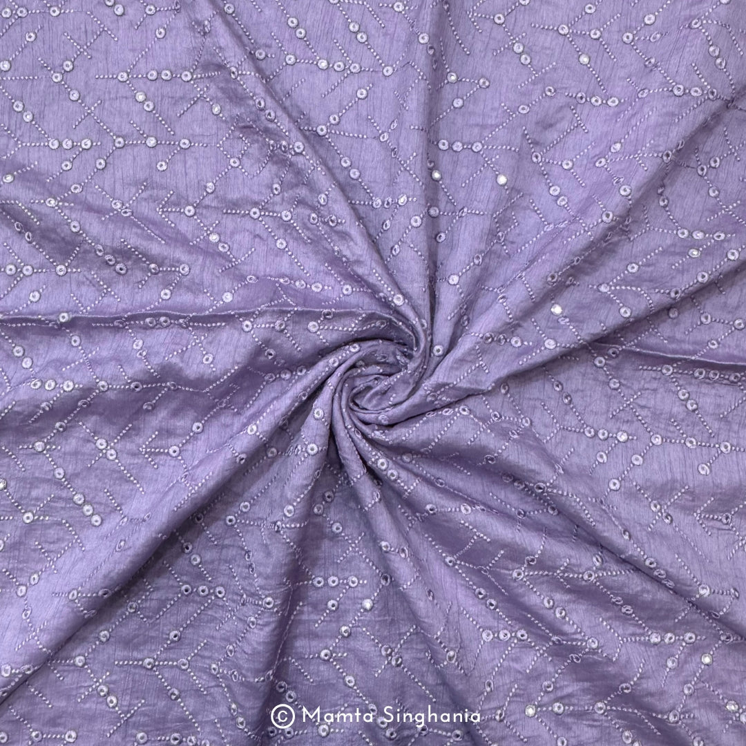Lavender Mirror Work Embroidered Raw Silk Fabric