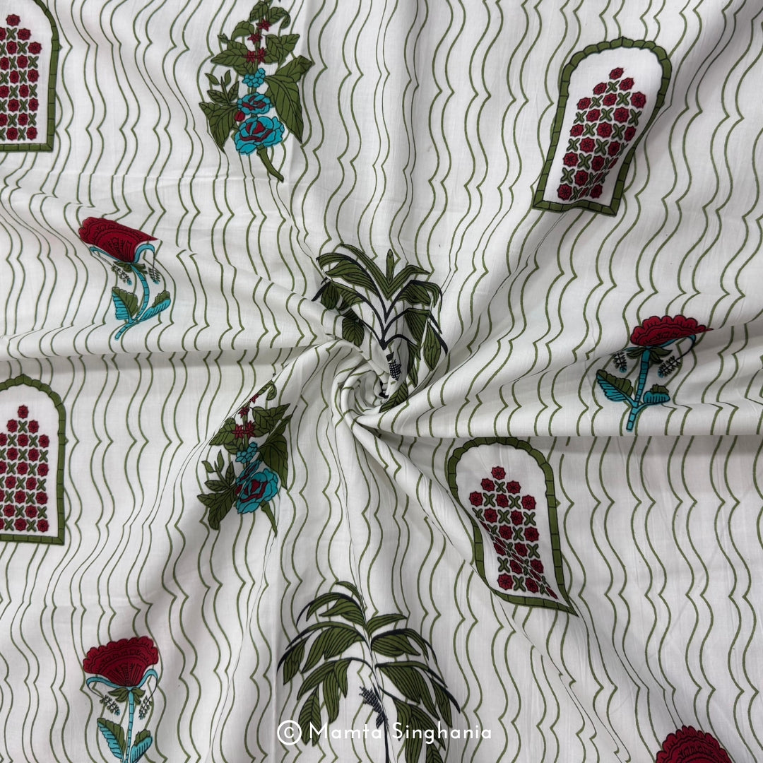 White Floral Printed Cotton Fabric