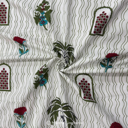 White Floral Printed Cotton Fabric