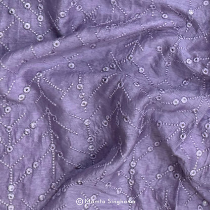 Lavender Mirror Work Embroidered Raw Silk Fabric