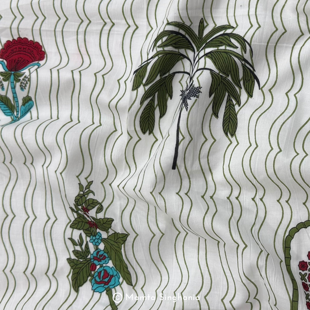 White Floral Printed Cotton Fabric