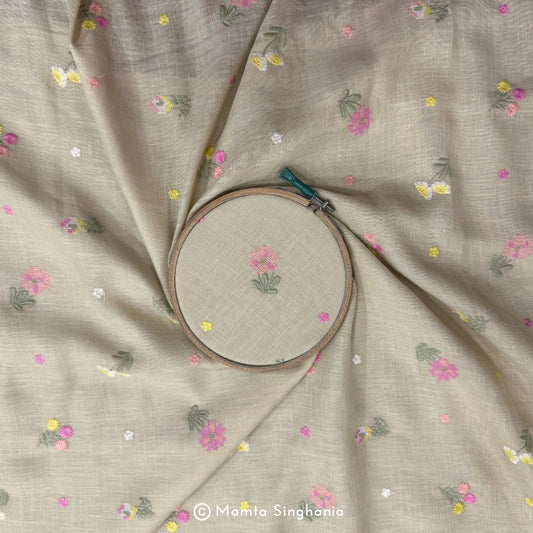 Biscuit coloured Floral Embroidered Linen Fabric