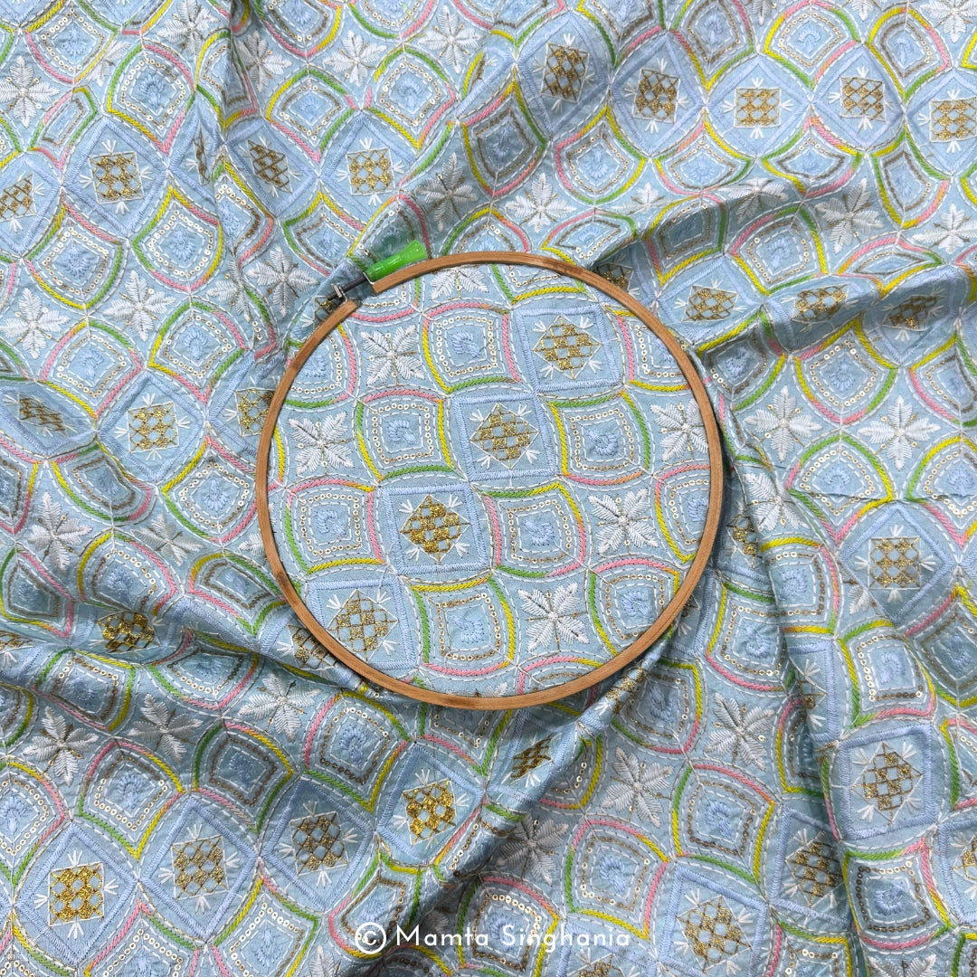 Sky Blue Embroidered Raw Silk Fabric