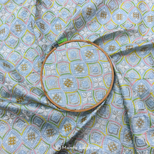 Sky Blue Embroidered Raw Silk Fabric