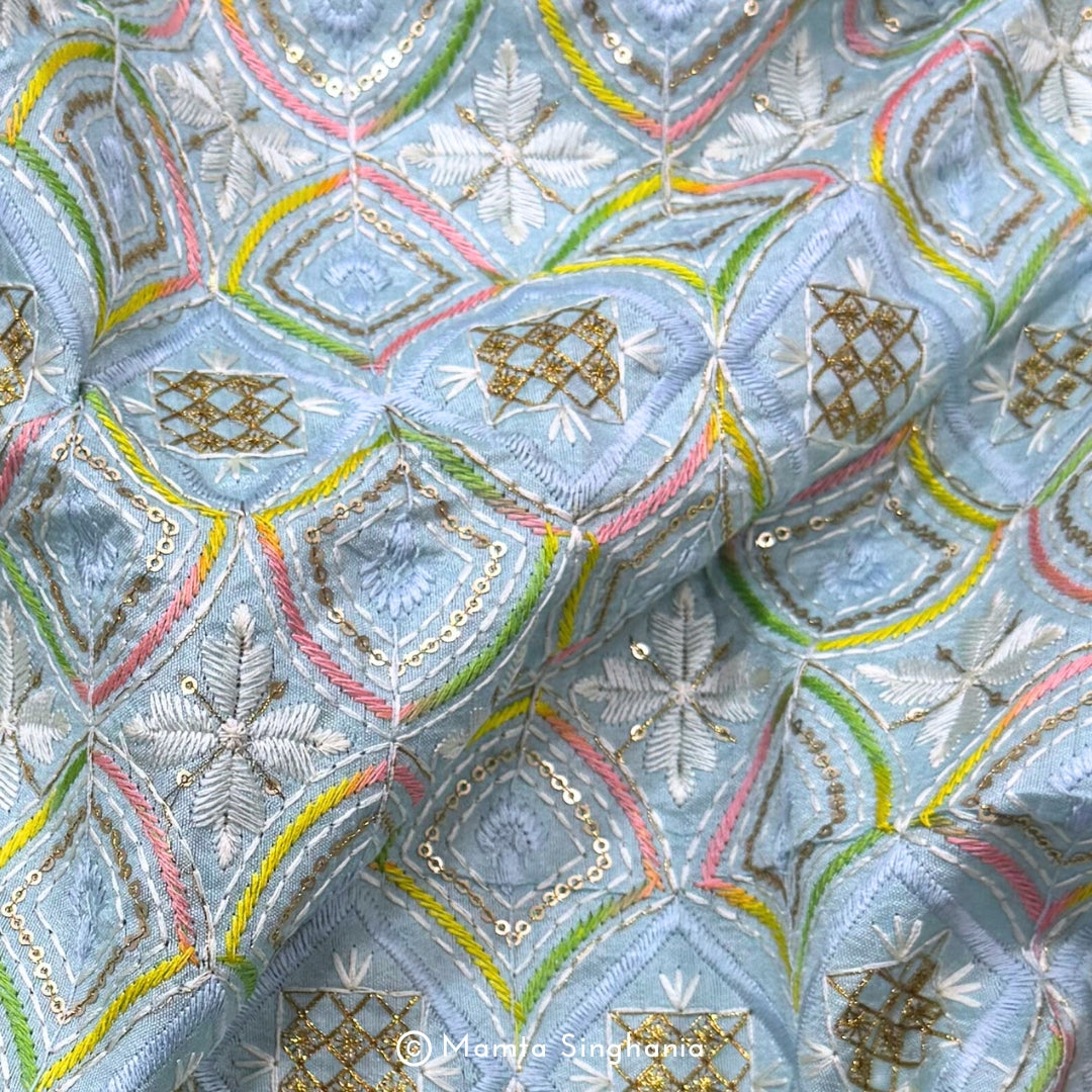 Sky Blue Embroidered Raw Silk Fabric