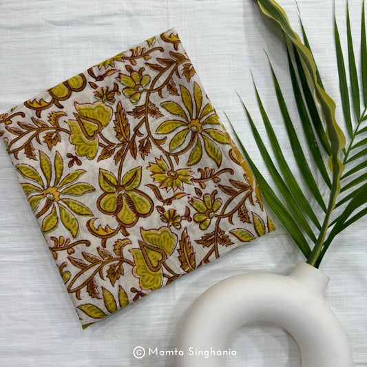 Hand-block Floral Printed Cotton Stole in Yellow Colour