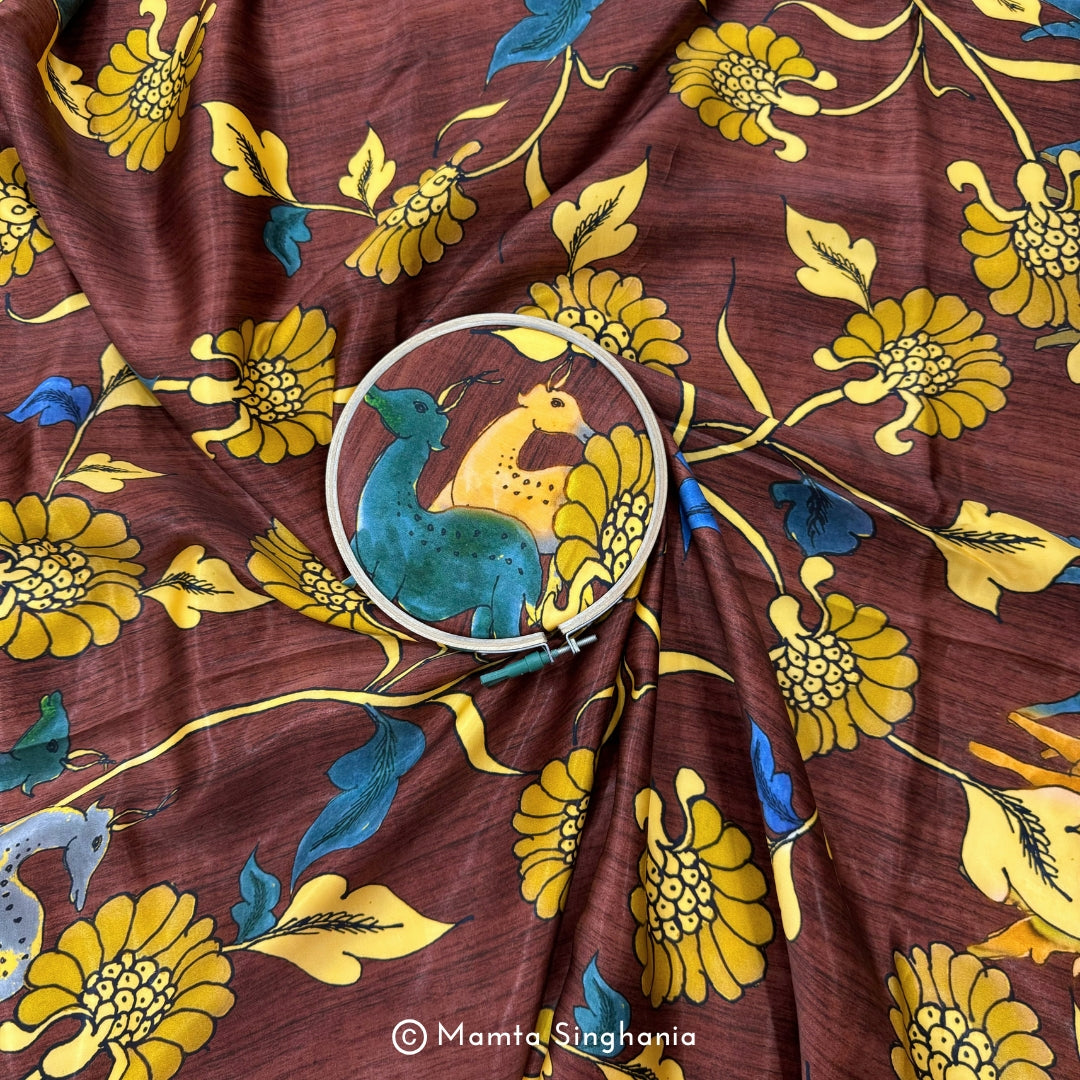 Brown Floral and Fauna Printed Modal Satin Fabric