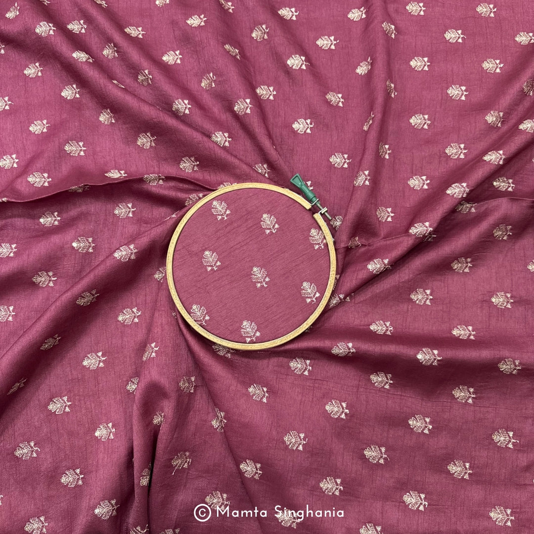 Wine Floral Embroidered Raw Silk Fabric