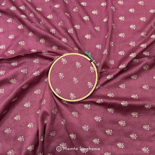 Wine Floral Embroidered Raw Silk Fabric