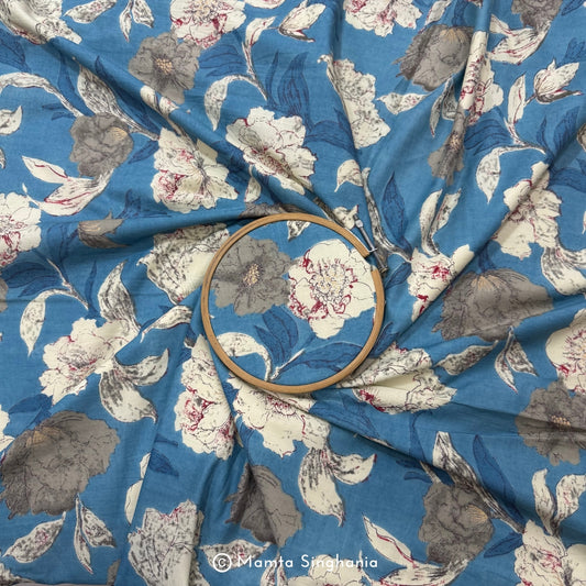 Blue Floral Printed Cotton Fabric