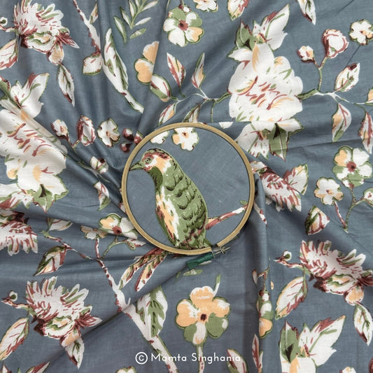 Grey Floral Printed Cotton Fabric