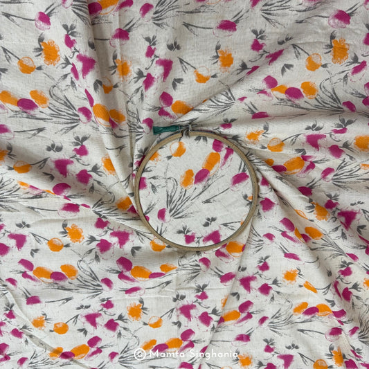 Orange Pink Floral Handloom Cotton Fabric