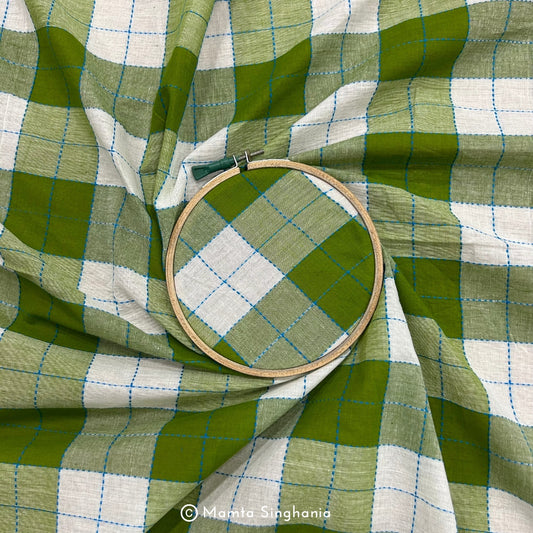 Green and White Checks Handloom Khadi Cotton Fabric
