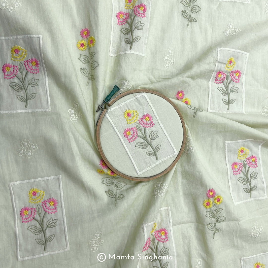 Light Pastel Green Floral Embroidered Mul Chanderi Fabric