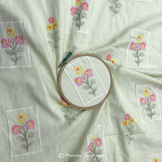 Light Pastel Green Floral Embroidered Mul Chanderi Fabric