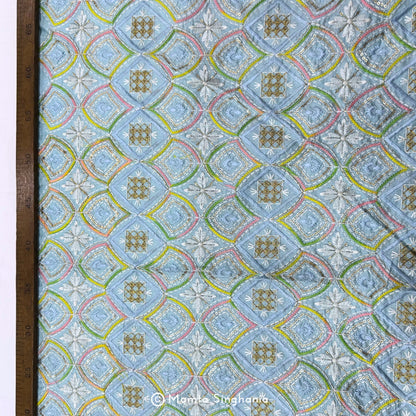 Sky Blue Embroidered Raw Silk Fabric