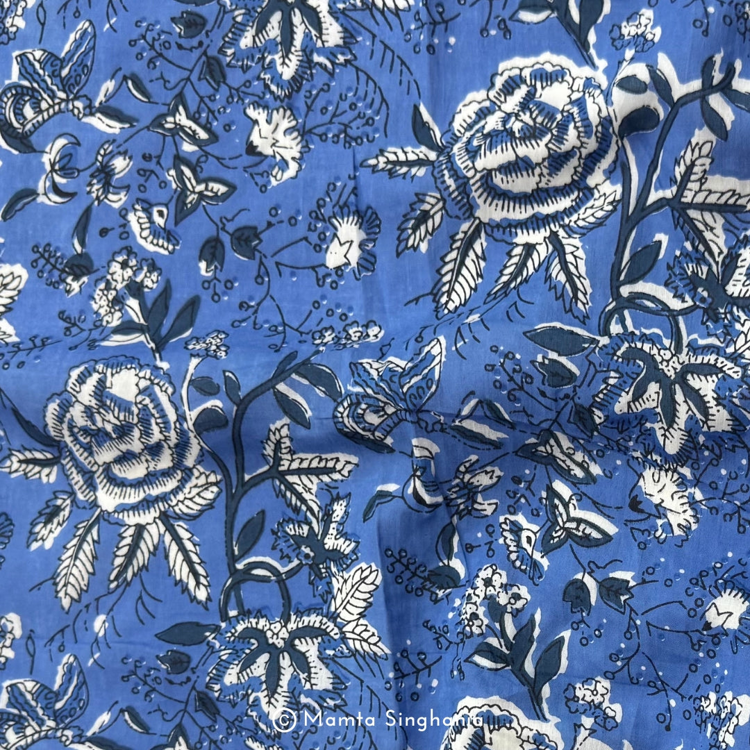 Blue Floral Printed Cotton Fabric