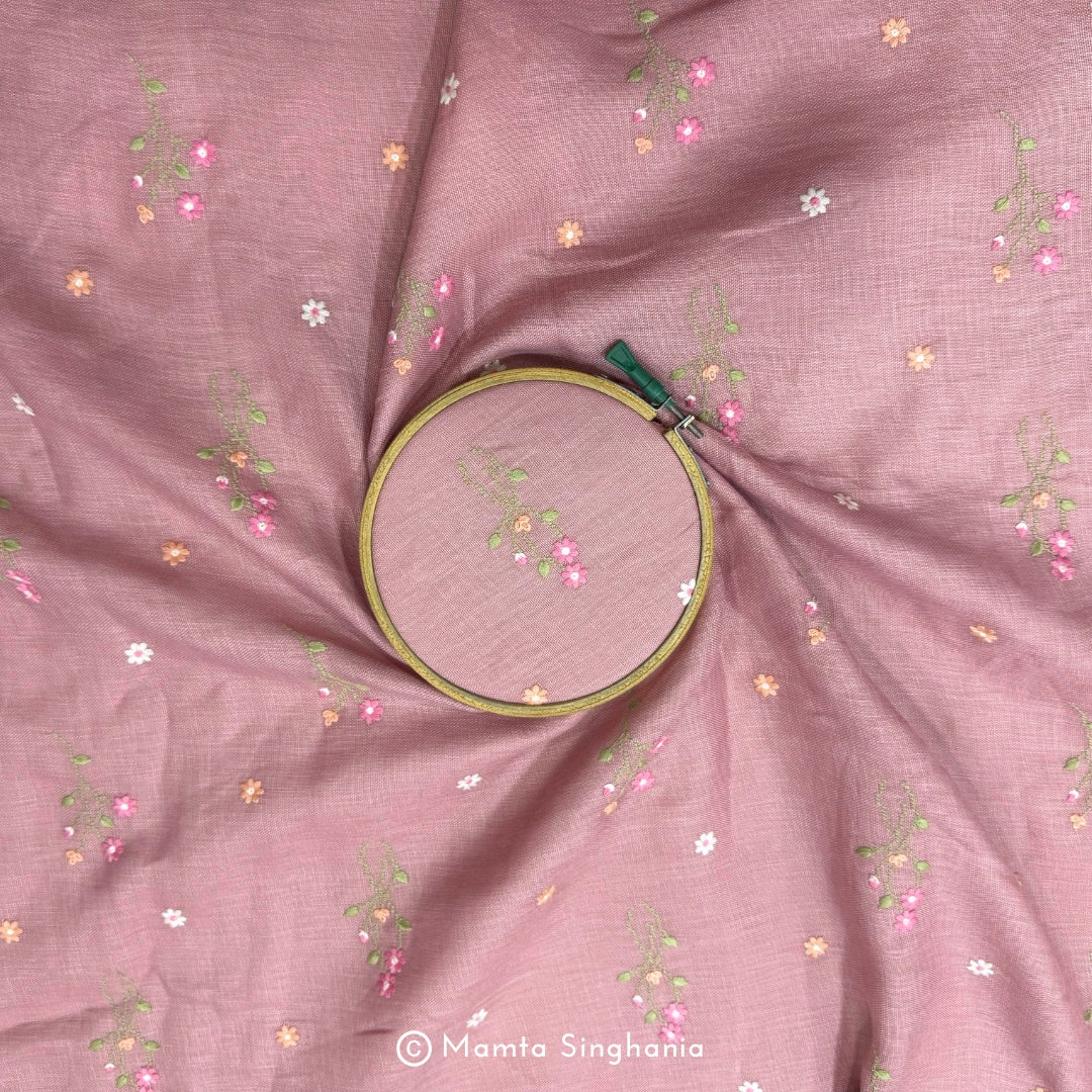 Pastel Peach Pink Floral Embroidered Linen Fabric