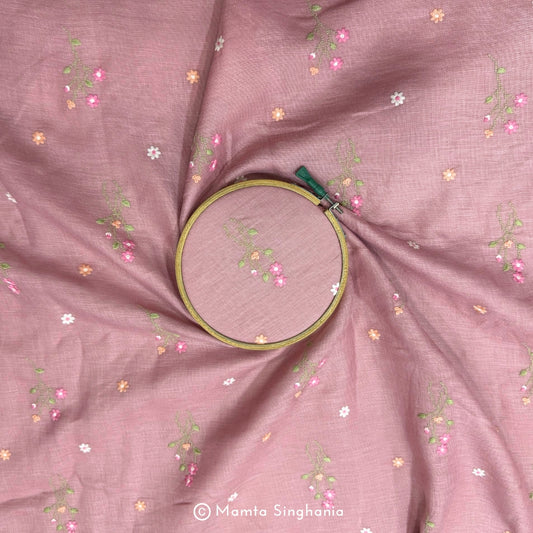 Pastel Peach Pink Floral Embroidered Linen Fabric