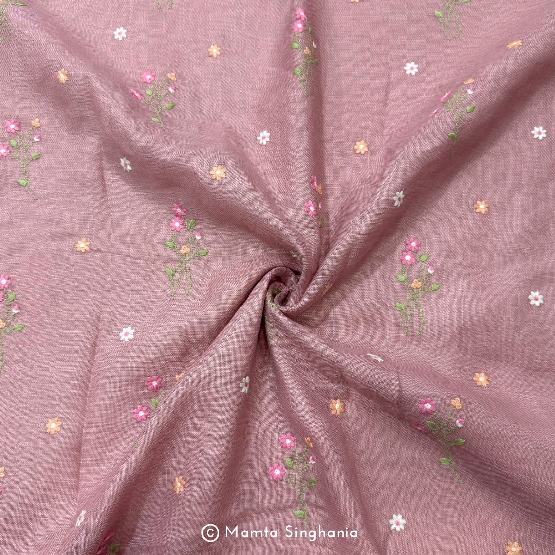 Pastel Peach Pink Floral Embroidered Linen Fabric