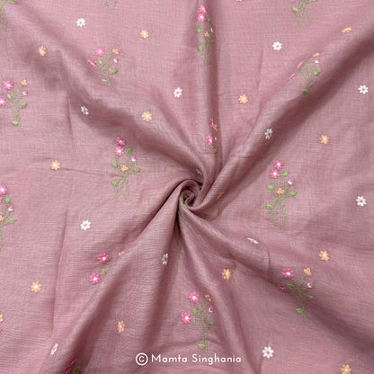Pastel Peach Pink Floral Embroidered Linen Fabric