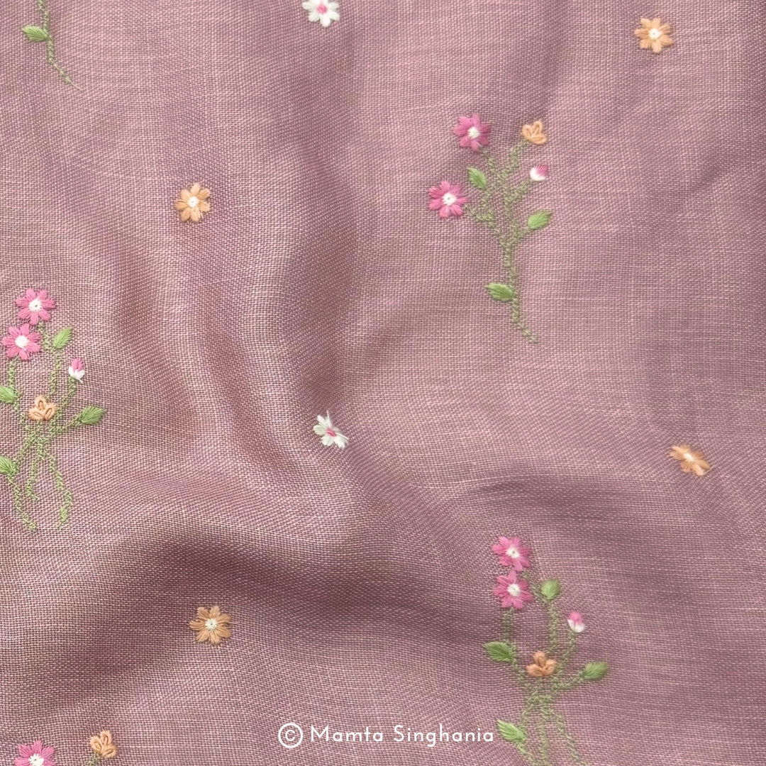 Pastel Peach Pink Floral Embroidered Linen Fabric