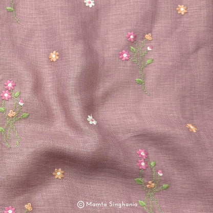 Pastel Peach Pink Floral Embroidered Linen Fabric