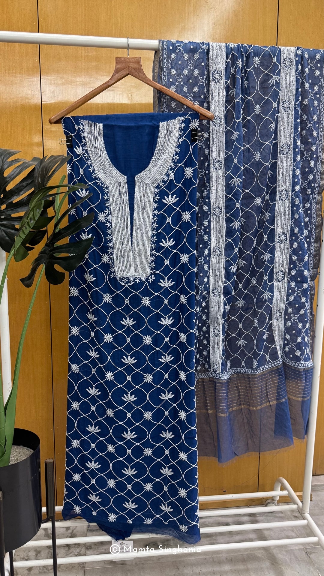 Indigo Blue Mul Chanderi Unstitched Chikankari Suit Set