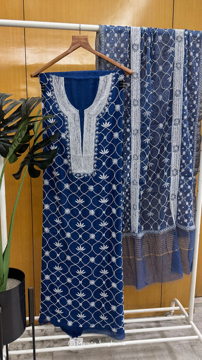 Indigo Blue Mul Chanderi Unstitched Chikankari Suit Set
