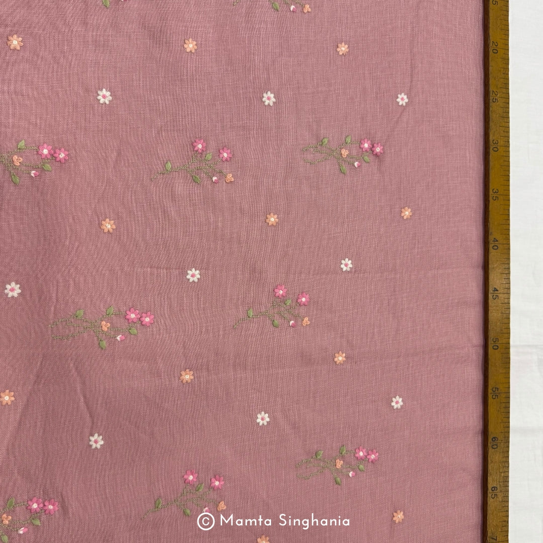 Pastel Peach Pink Floral Embroidered Linen Fabric