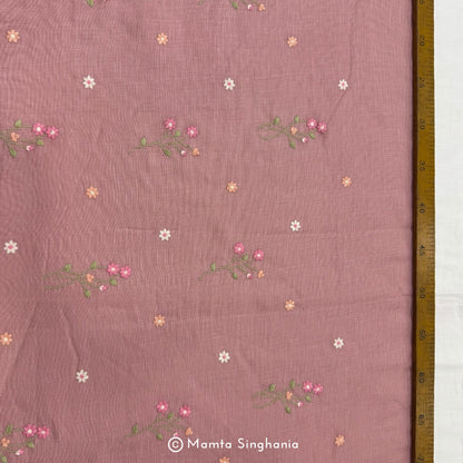 Pastel Peach Pink Floral Embroidered Linen Fabric
