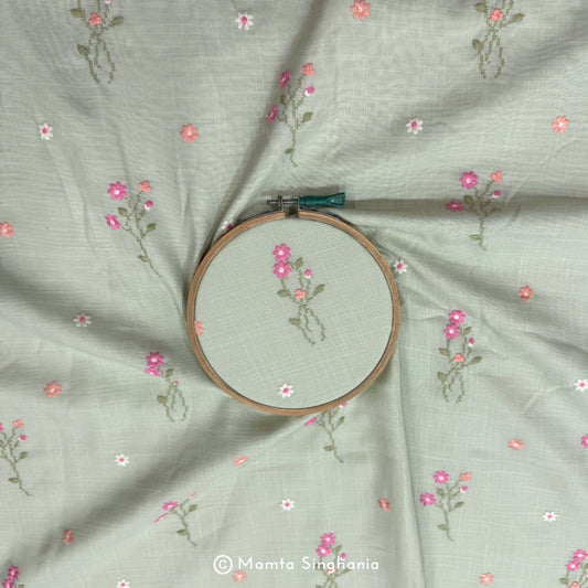 Sage Green Floral Embroidered Linen Fabric
