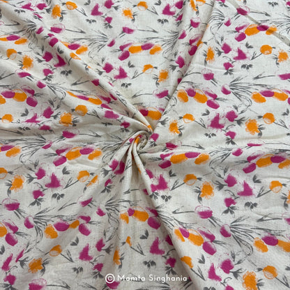 Orange Pink Floral Handloom Cotton Fabric