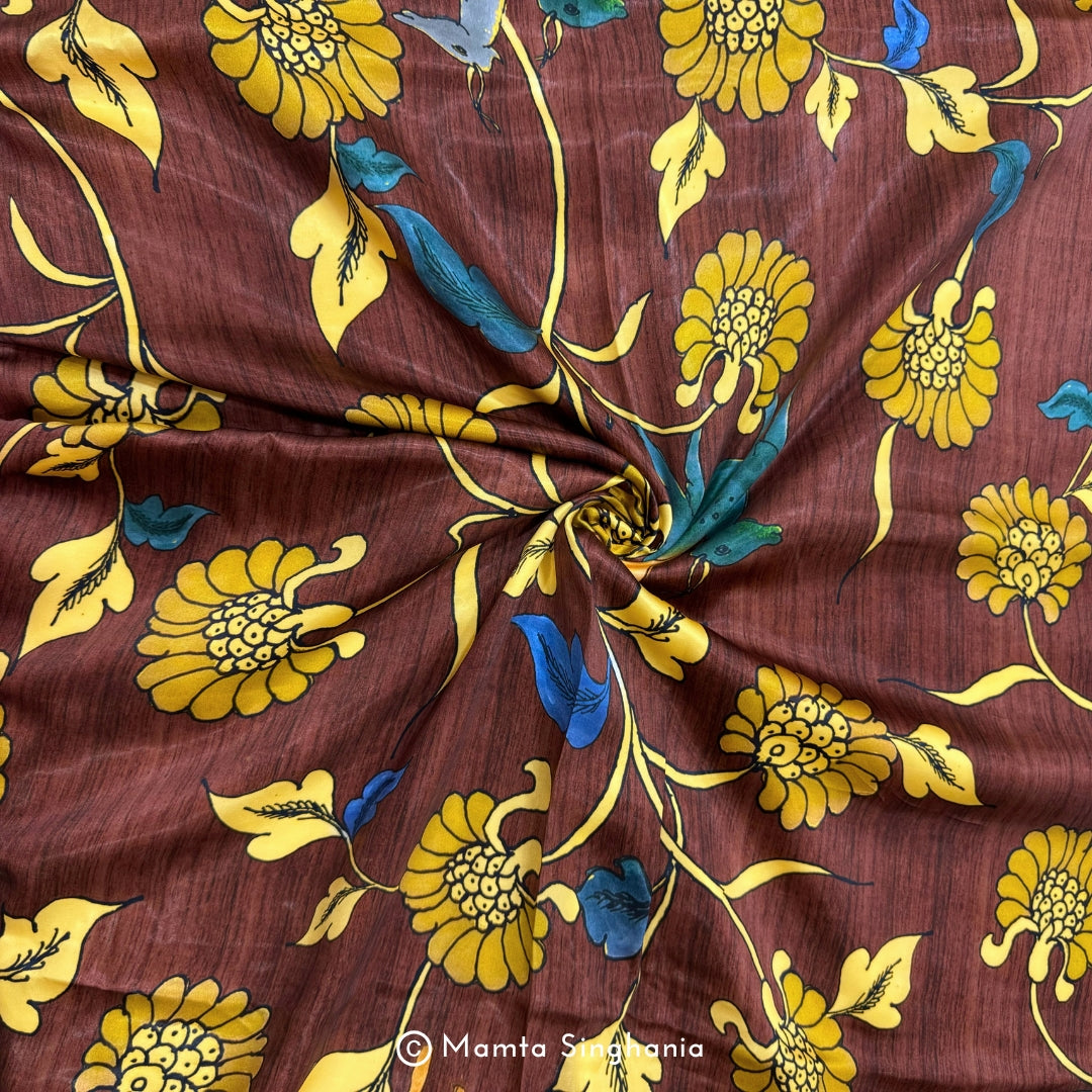 Brown Floral and Fauna Printed Modal Satin Fabric