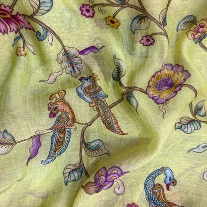 Green Floral Pichwai Printed Mul Chanderi Fabric