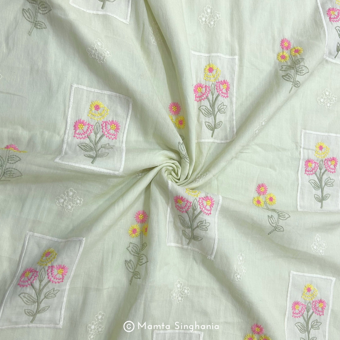 Light Pastel Green Floral Embroidered Mul Chanderi Fabric