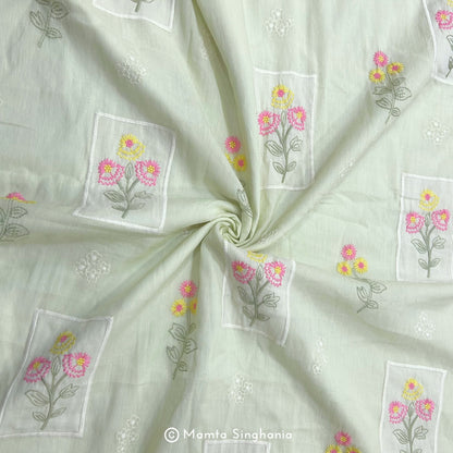 Light Pastel Green Floral Embroidered Mul Chanderi Fabric