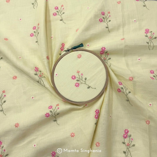 Light Yellow Floral Embroidered Linen Fabric
