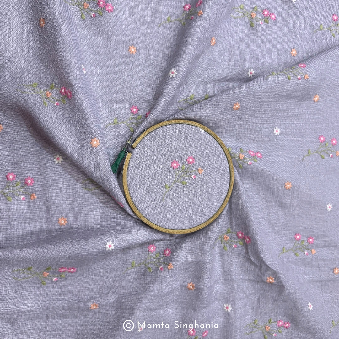 Light Grey Floral Embroidered Linen Fabric