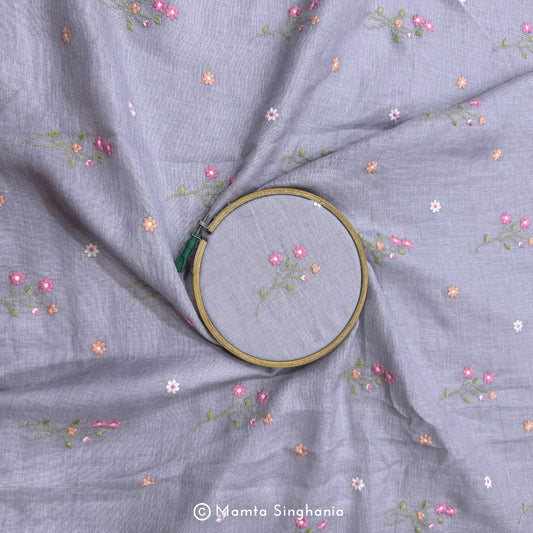 Light Grey Floral Embroidered Linen Fabric