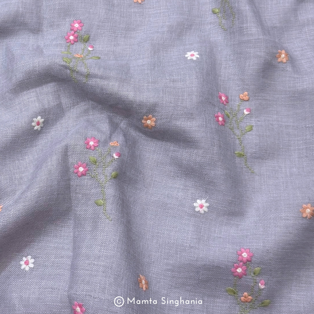 Light Grey Floral Embroidered Linen Fabric
