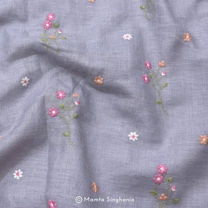 Light Grey Floral Embroidered Linen Fabric
