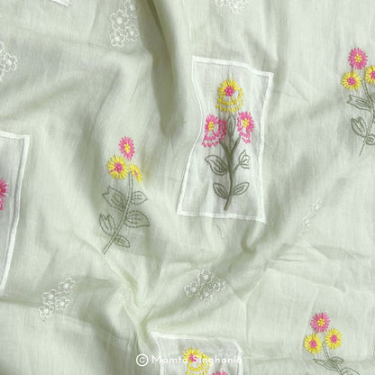 Light Pastel Green Floral Embroidered Mul Chanderi Fabric