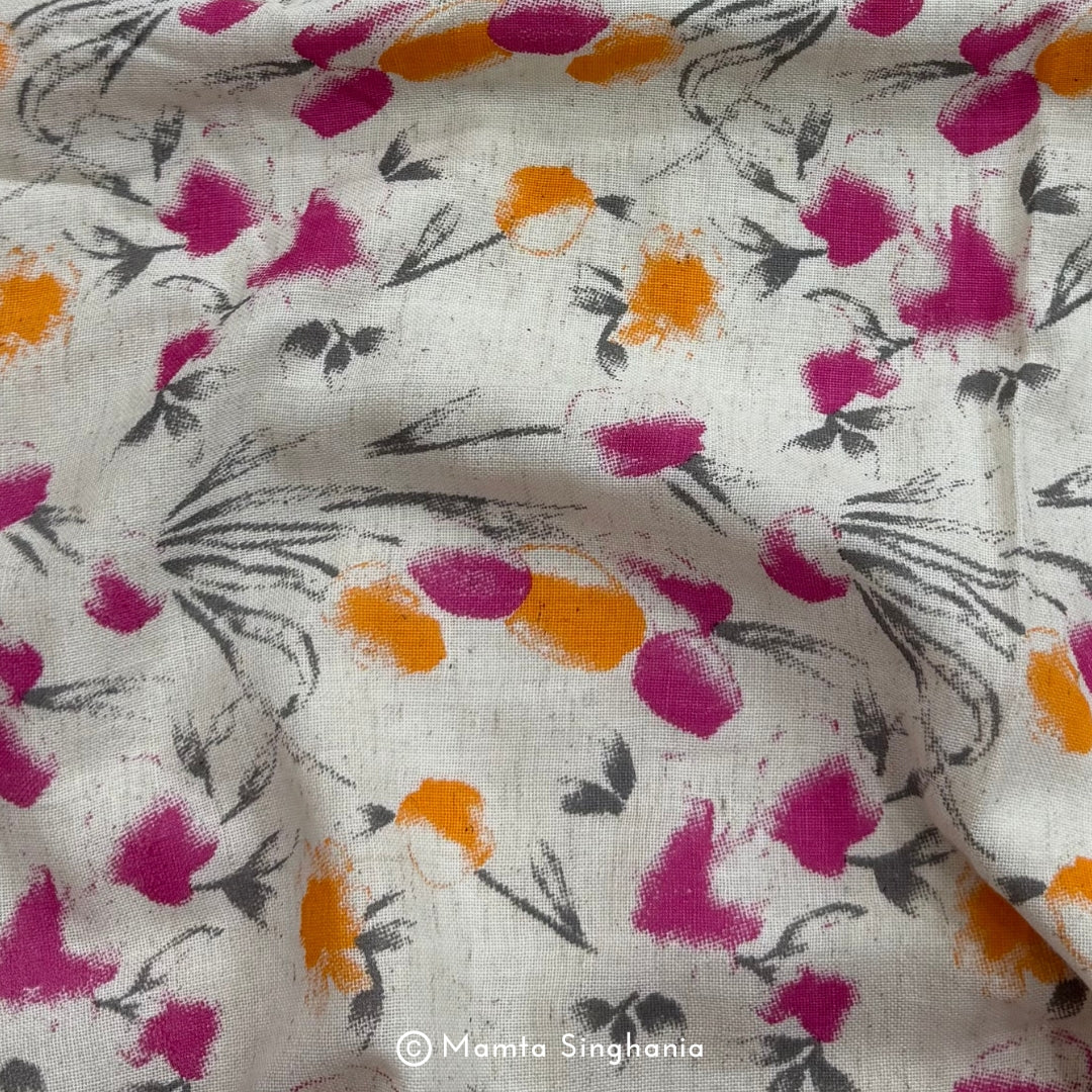 Orange Pink Floral Handloom Cotton Fabric