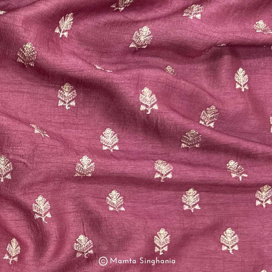 Wine Floral Embroidered Raw Silk Fabric