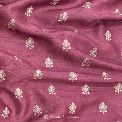 Wine Floral Embroidered Raw Silk Fabric